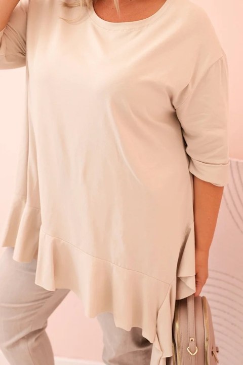Bluzka damska Plus Size z bawełną z falbaną i rękawem podwijanym beżowa Bluzka damska Plus Size z bawełną z falbaną i rękawem podwijanym beżowa