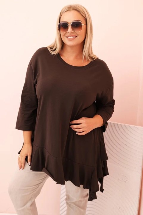 Bluzka damska Plus Size z bawełną z falbaną i rękawem podwijanym brązowa Bluzka damska Plus Size z bawełną z falbaną i rękawem podwijanym brązowa