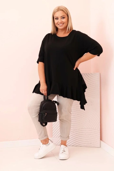 Bluzka damska Plus Size z bawełną z falbaną i rękawem podwijanym czarna Bluzka damska Plus Size z bawełną z falbaną i rękawem podwijanym czarna