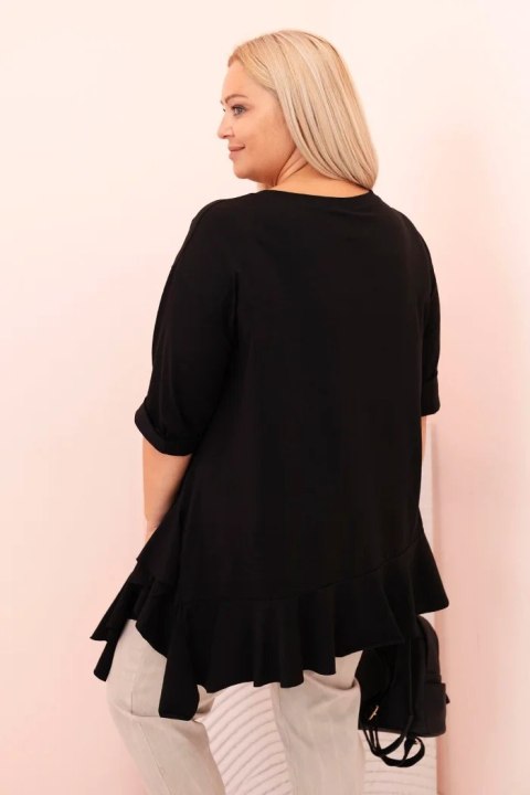 Bluzka damska Plus Size z bawełną z falbaną i rękawem podwijanym czarna Bluzka damska Plus Size z bawełną z falbaną i rękawem podwijanym czarna