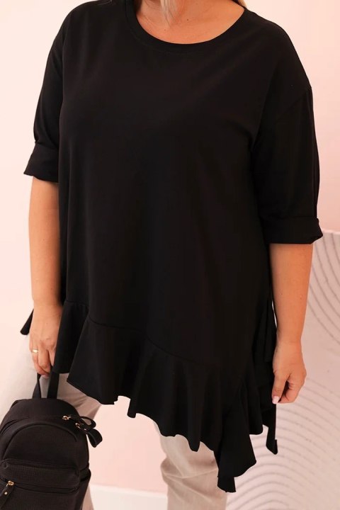 Bluzka damska Plus Size z bawełną z falbaną i rękawem podwijanym czarna Bluzka damska Plus Size z bawełną z falbaną i rękawem podwijanym czarna