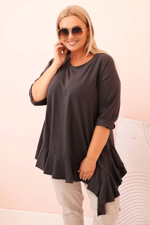 Bluzka damska Plus Size z bawełną z falbaną i rękawem podwijanym grafitowa Bluzka damska Plus Size z bawełną z falbaną i rękawem podwijanym grafitowa
