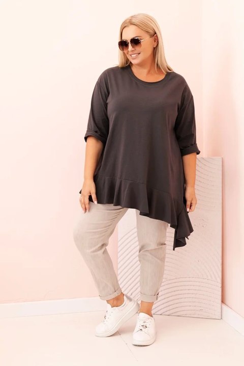 Bluzka damska Plus Size z bawełną z falbaną i rękawem podwijanym grafitowa Bluzka damska Plus Size z bawełną z falbaną i rękawem podwijanym grafitowa