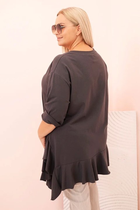 Bluzka damska Plus Size z bawełną z falbaną i rękawem podwijanym grafitowa Bluzka damska Plus Size z bawełną z falbaną i rękawem podwijanym grafitowa