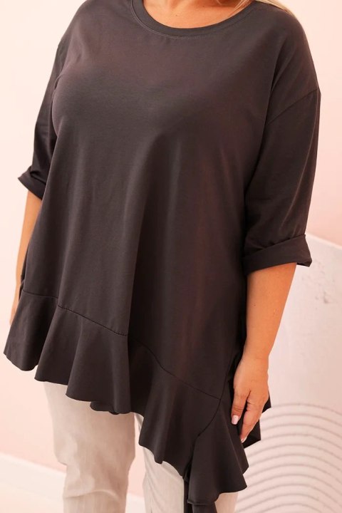 Bluzka damska Plus Size z bawełną z falbaną i rękawem podwijanym grafitowa Bluzka damska Plus Size z bawełną z falbaną i rękawem podwijanym grafitowa