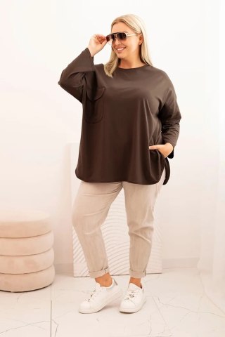 Bluzka damska Plus Size z bawełną z kieszenią i rękawem podwijanym brązowa