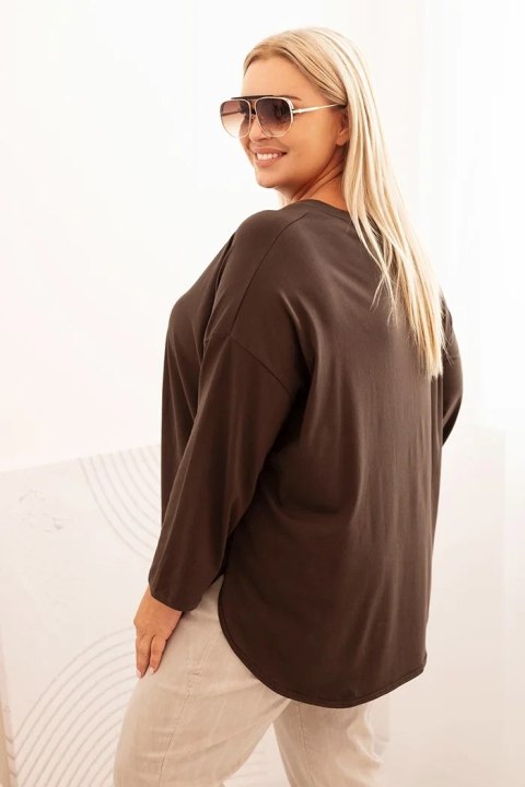 Bluzka damska Plus Size z bawełną z kieszenią i rękawem podwijanym brązowa Bluzka damska Plus Size z bawełną z kieszenią i rękawem podwijanym brązowa