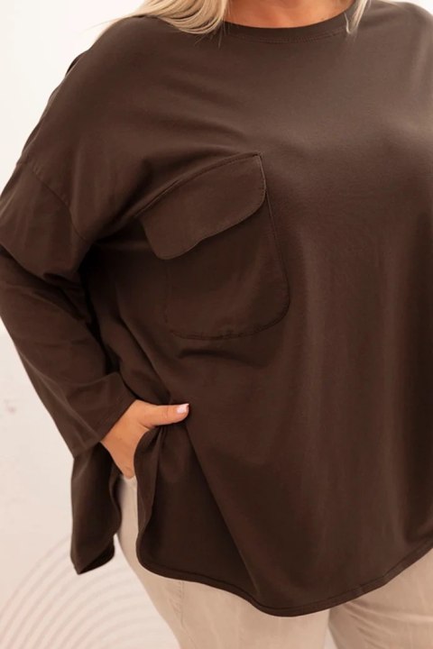 Bluzka damska Plus Size z bawełną z kieszenią i rękawem podwijanym brązowa Bluzka damska Plus Size z bawełną z kieszenią i rękawem podwijanym brązowa