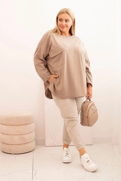 Bluzka damska Plus Size z bawełną z kieszenią i rękawem podwijanym fango Bluzka damska Plus Size z bawełną z kieszenią i rękawem podwijanym fango