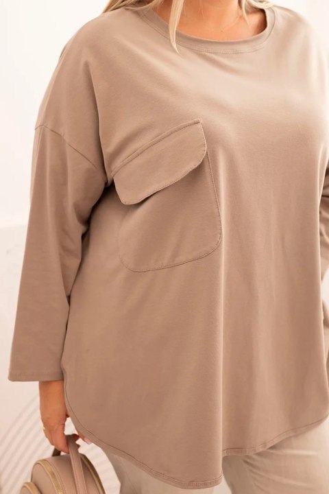 Bluzka damska Plus Size z bawełną z kieszenią i rękawem podwijanym fango Bluzka damska Plus Size z bawełną z kieszenią i rękawem podwijanym fango