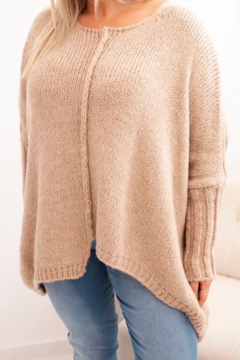 Sweter damska Plus Size z akrylem o luźnym kroju i rękawem 3/4 camelowy Sweter damska Plus Size z akrylem o luźnym kroju i rękawem 3/4 camelowy