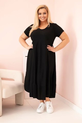 Sukienka damska plus size z krótkim rękawem i falbaną z lekkiej wiskozy czarna uniwersalny