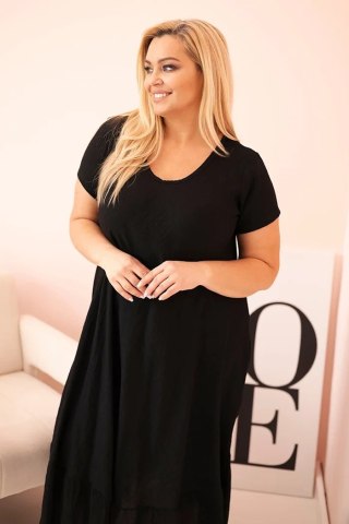 Sukienka damska plus size z krótkim rękawem i falbaną z lekkiej wiskozy czarna uniwersalny