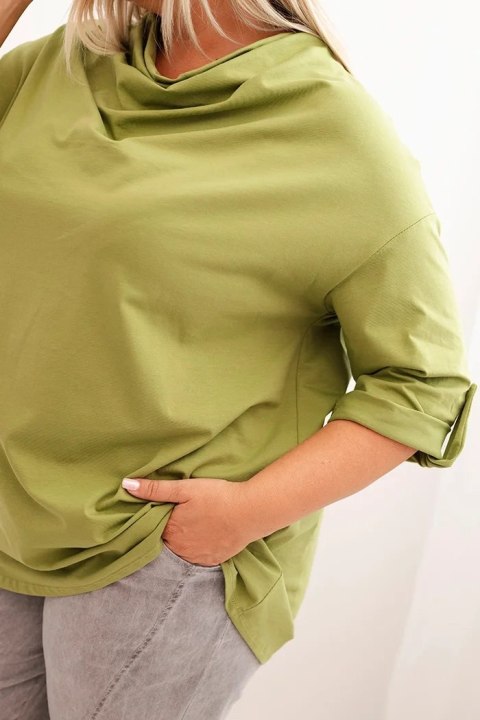 Bluzka damska Plus Size z bawełną o luźnym kroju z dekoltem wodnym fango oliwkowa uniwersalny Bluzka damska Plus Size z bawełną o luźnym kroju z dekoltem wodnym fango oliwkowa uniwersalny