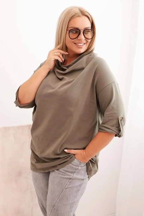 Bluzka damska Plus Size z bawełną o luźnym kroju z dekoltem wodnym khaki Bluzka damska Plus Size z bawełną o luźnym kroju z dekoltem wodnym khaki