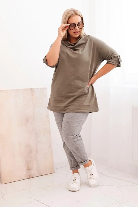 Bluzka damska Plus Size z bawełną o luźnym kroju z dekoltem wodnym khaki Bluzka damska Plus Size z bawełną o luźnym kroju z dekoltem wodnym khaki