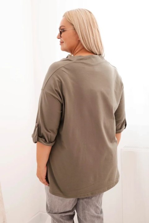 Bluzka damska Plus Size z bawełną o luźnym kroju z dekoltem wodnym khaki Bluzka damska Plus Size z bawełną o luźnym kroju z dekoltem wodnym khaki