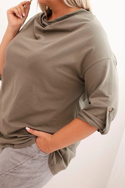 Bluzka damska Plus Size z bawełną o luźnym kroju z dekoltem wodnym khaki Bluzka damska Plus Size z bawełną o luźnym kroju z dekoltem wodnym khaki