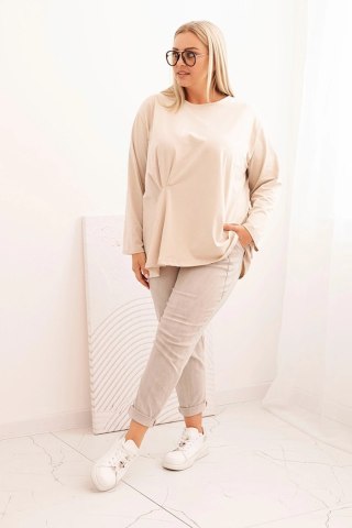 Bluzka damska plus size z bawełną z długim rękawem i marszczeniem beżowa uniwersalny