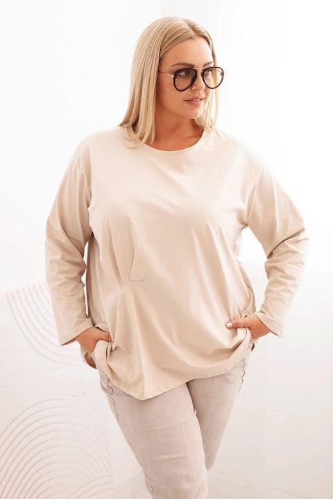 Bluzka damska plus size z bawełną z długim rękawem i marszczeniem beżowa Bluzka damska plus size z bawełną z długim rękawem i marszczeniem beżowa