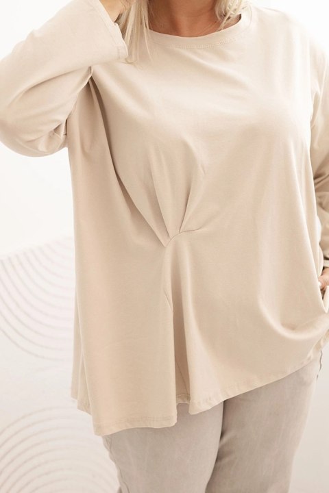 Bluzka damska plus size z bawełną z długim rękawem i marszczeniem beżowa Bluzka damska plus size z bawełną z długim rękawem i marszczeniem beżowa
