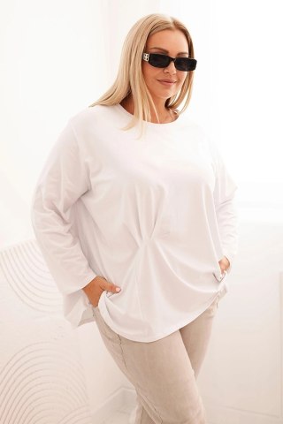 Bluzka damska plus size z bawełną z długim rękawem i marszczeniem biała