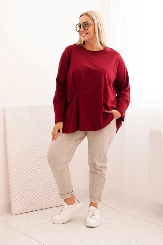 Bluzka damska plus size z bawełną z długim rękawem i marszczeniem bordowa uniwersalny