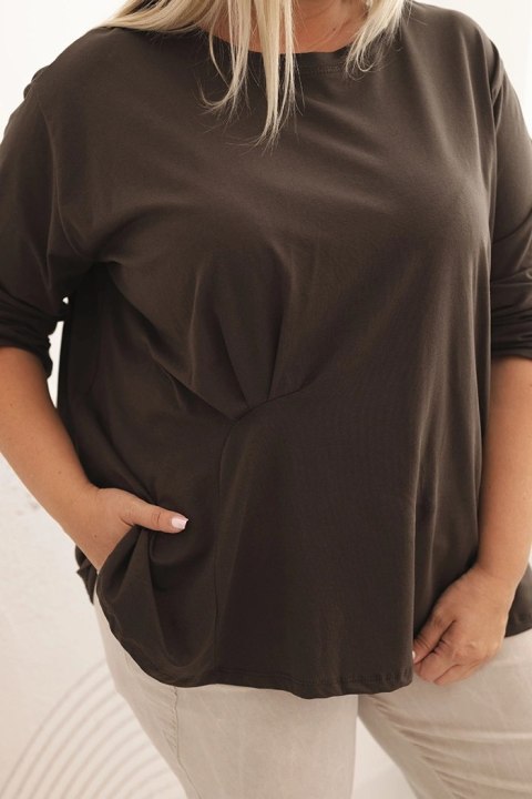 Bluzka damska plus size z bawełną z długim rękawem i marszczeniem brązowa Bluzka damska plus size z bawełną z długim rękawem i marszczeniem brązowa