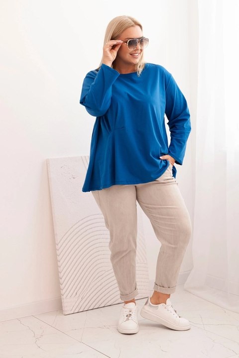 Bluzka damska plus size z bawełną z długim rękawem i marszczeniem chabrowa uniwersalny Bluzka damska plus size z bawełną z długim rękawem i marszczeniem chabrowa uniwersalny