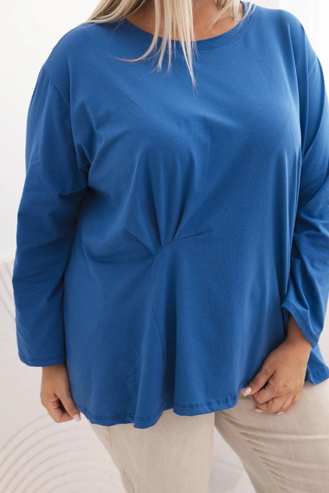 Bluzka damska plus size z bawełną z długim rękawem i marszczeniem chabrowa uniwersalny Bluzka damska plus size z bawełną z długim rękawem i marszczeniem chabrowa uniwersalny
