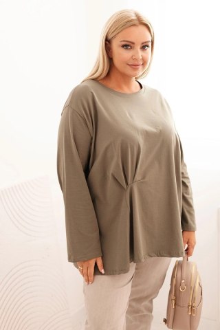 Bluzka damska plus size z bawełną z długim rękawem i marszczeniem khaki uniwersalny