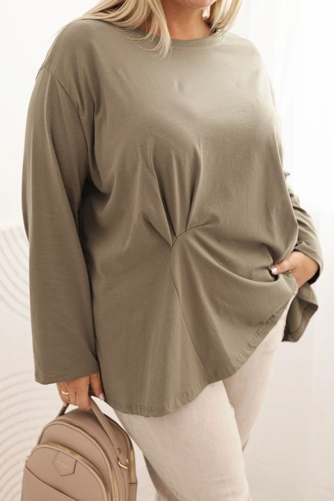 Bluzka damska plus size z bawełną z długim rękawem i marszczeniem khaki Bluzka damska plus size z bawełną z długim rękawem i marszczeniem khaki