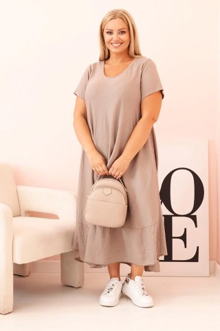 Sukienka damska plus size z krótkim rękawem i falbaną z lekkiej wiskozy cappuccino uniwersalny